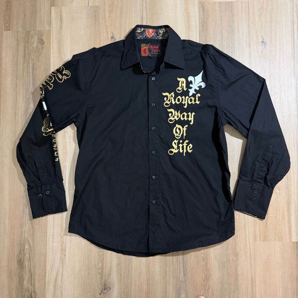 Rebel Spirit Gold Embroidered Button Up Long Sleeve Shirt Sz L Grunge Mall Goth